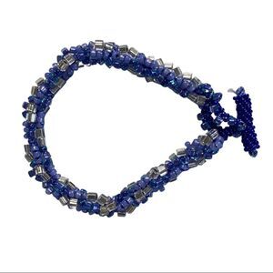 Blue Silver Seed Bead Bracelet Handmade Toggle Loop Boho Statement Jewelry
